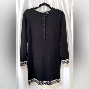 Moda International Black L/S Sweater Dress w/Cream Fair Isle Cuff Hem Trim Sz S